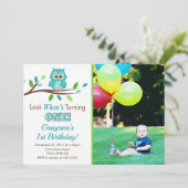 フクロウの誕生日の招待状、男の子の第1誕生日 招待状 (スタンド正面)