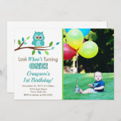 フクロウの誕生日の招待状、男の子の第1誕生日 招待状 (正面/裏面)