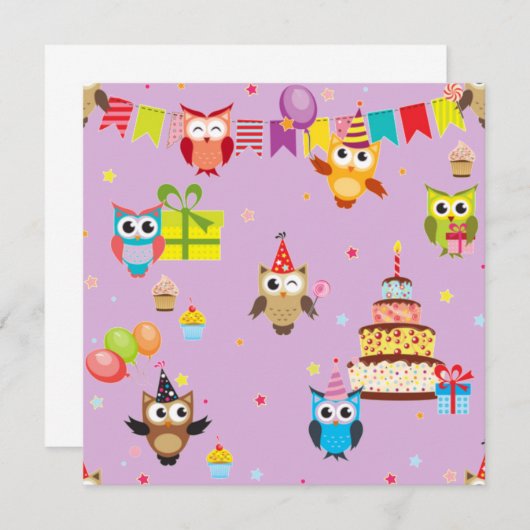フクロウの誕生日パーティーのケーキ かわいい 招待状 (正面/裏面)
