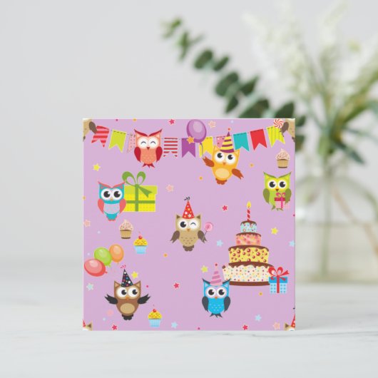 フクロウの誕生日パーティーのケーキ かわいい 招待状 (スタンド正面)