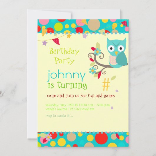 フクロウの誕生日パーティーの招待状/DIY背景 招待状 (正面)