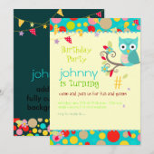 フクロウの誕生日パーティーの招待状/DIY背景 招待状 (正面/裏面)