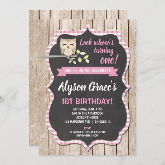 フクロウの誕生日招待状、女の子の森の誕生日 招待状 (正面/裏面)