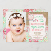 フクロウの誕生日招待状、女の子1番目の写真の誕生日 招待状 (正面/裏面)