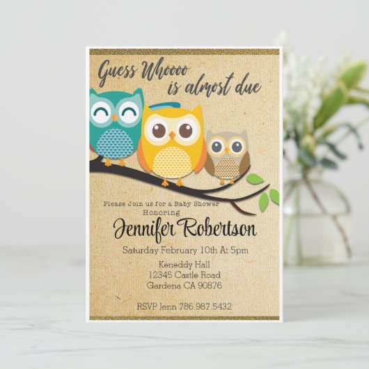 フクロウの赤ちゃんシャワーの招待の時期を推測する 招待状 (スタンド正面)