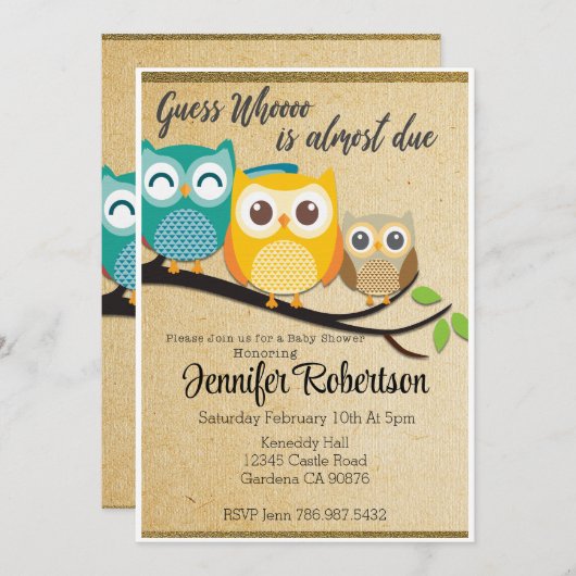 フクロウの赤ちゃんシャワーの招待の時期を推測する 招待状 (正面/裏面)
