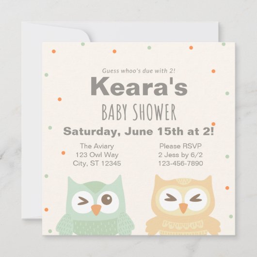 フクロウの赤ちゃんシャワー2つ付きWhos Due 招待状 (正面)