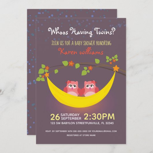 フクロウの赤ちゃんシャワー – 双子の女の子を持っている誰を見る? 招待状 (正面/裏面)