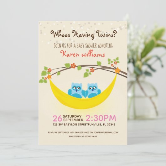 フクロウの赤ちゃんシャワー – 双子の男の子を持っている誰を見る? 招待状 (スタンド正面)