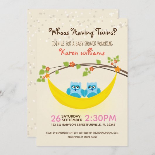 フクロウの赤ちゃんシャワー – 双子の男の子を持っている誰を見る? 招待状 (正面/裏面)
