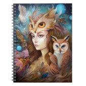 フクロウの超現実的なファンタジーアートの女性 ノートブック (正面)