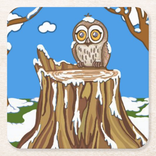 フクロウの雪片 スクエアペーパーコースター (正面)