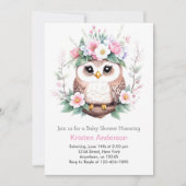 フクロウの魅惑の森のピンクの女の子ベビーシャワー 招待状 (正面)