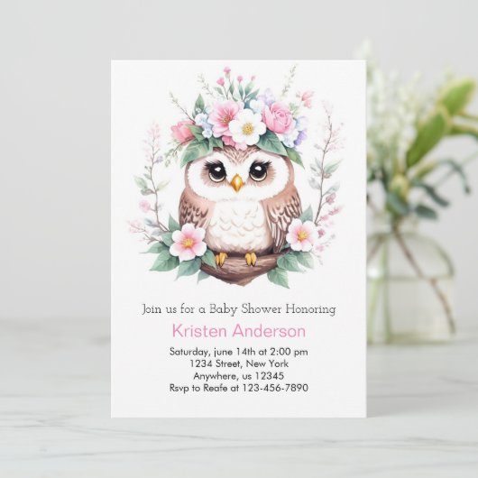 フクロウの魅惑の森のピンクの女の子ベビーシャワー 招待状 (スタンド正面)