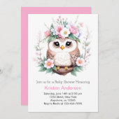 フクロウの魅惑の森のピンクの女の子ベビーシャワー 招待状 (正面/裏面)
