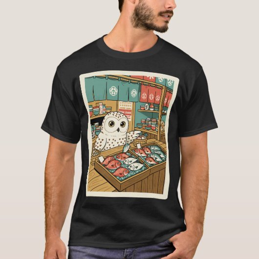 フクロウの魚市場イラスト Tシャツ (正面)