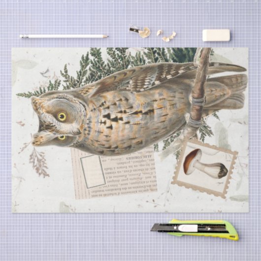 フクロウの鳥の木の国のキノコのエフェメラのデコップ 薄葉紙 (クラフト)