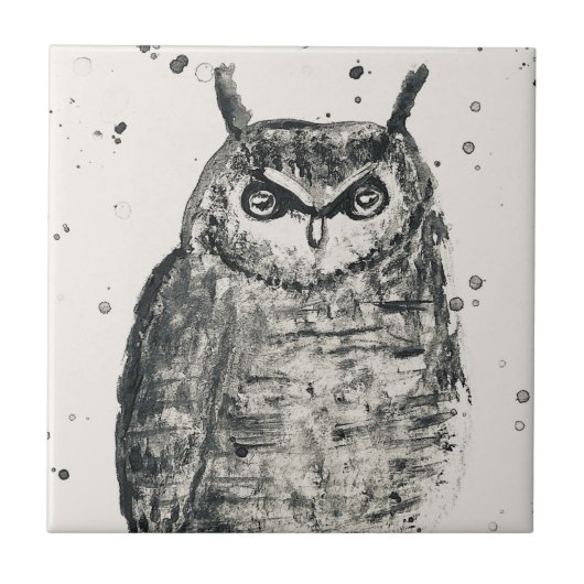 フクロウの鳥ヴィンテージ林の水彩瓦 タイル (正面)