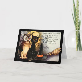 フクロウの黒猫の満月の魔法使いの帽子のほうき カード