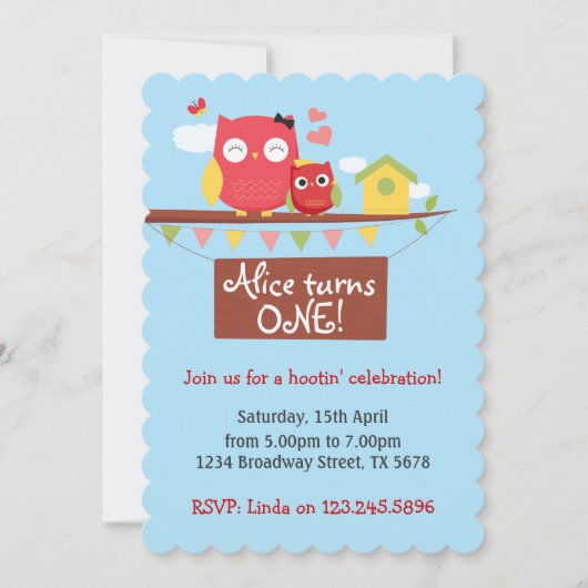 フクロウの1歳の誕生日招待状 招待状 (正面)