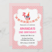 フクロウの2歳の誕生日招待状　スイートピンク 招待状 (正面/裏面)