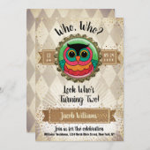 フクロウの2歳誕生日パーティー 招待状 (正面/裏面)