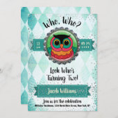 フクロウの2歳誕生日パーティー 招待状 (正面/裏面)