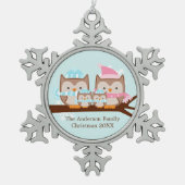 フクロウの4人家族 スノーフレークピューターオーナメント (正面)