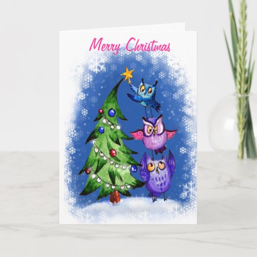 フクロウの` sのクリスマスの青 シーズンカード (正面)