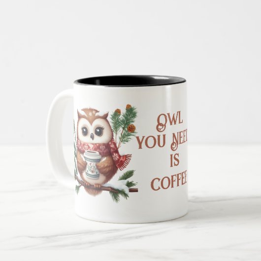 フクロウはコーヒーの冬をテーマにした森の鳥 ツートーンマグカップ (正面左)