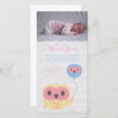 フクロウはノートの女の赤ちゃんの写真カードテンプレート感謝していしています サンキューカード (正面/裏面)