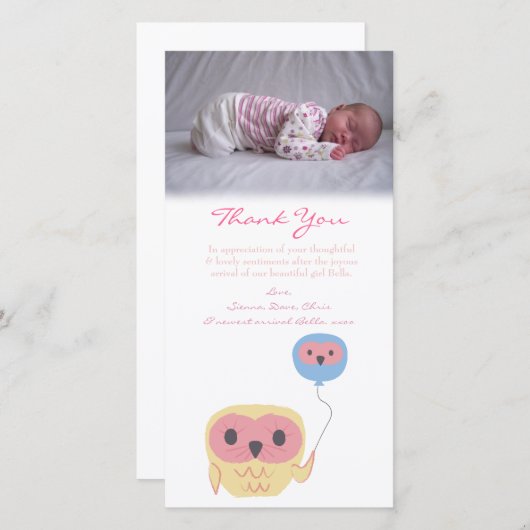 フクロウはノートの女の赤ちゃんの写真テンプレート感謝していしています サンキューカード (正面/裏面)