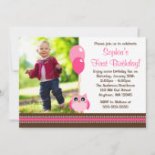 フクロウはピンクのブラウンの写真の誕生日を風船のようにふくらませます 招待状 (正面)