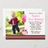 フクロウはピンクのブラウンの写真の誕生日を風船のようにふくらませます 招待状 (正面/裏面)