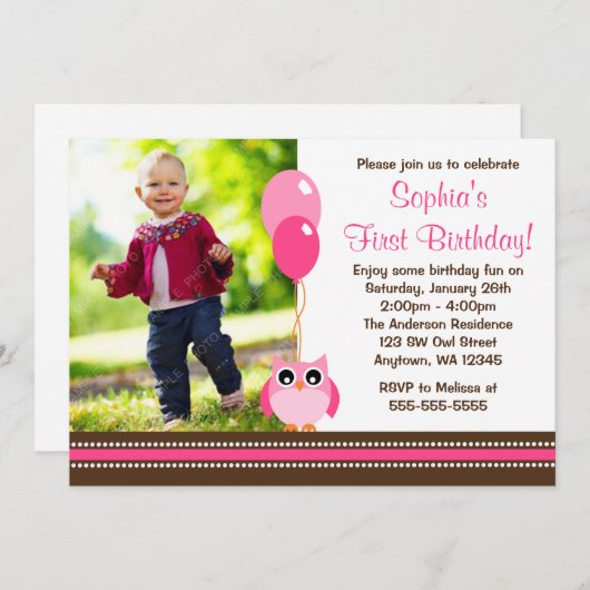 フクロウはピンクのブラウンの写真の誕生日を風船のようにふくらませます 招待状 (正面/裏面)