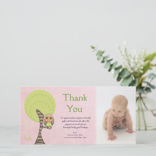 フクロウは新生児の到着のギフトのフォトカード感謝していしています サンキューカード (スタンド正面)