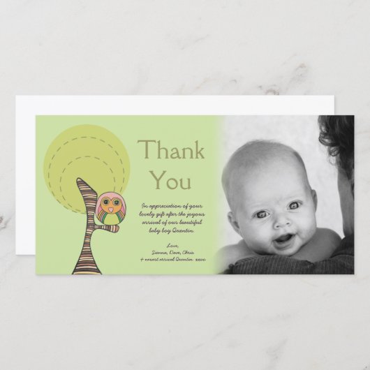 フクロウは新生児の到着のギフトのフォトカード感謝していしています サンキューカード (正面/裏面)