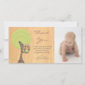 フクロウは新生児の女の子の到着のギフトのフォトカード感謝していしています サンキューカード (正面)