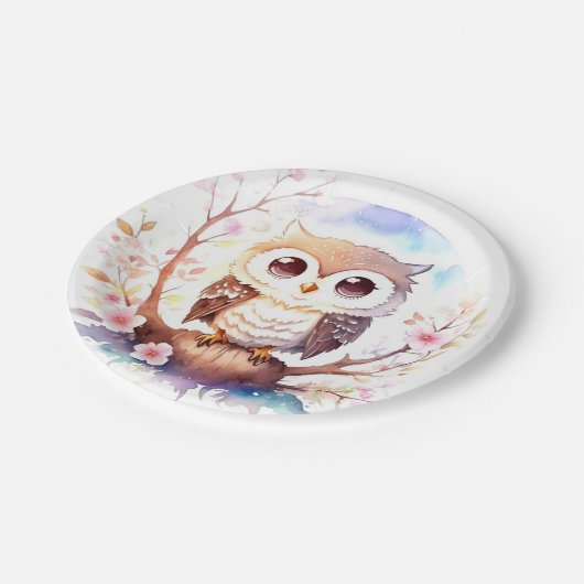 フクロウをテーマにしたウッドランドのベビーガールシャワー ペーパープレート (アングル)