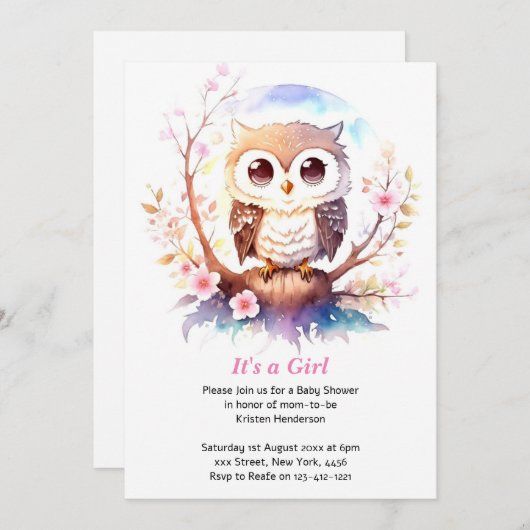 フクロウをテーマにしたウッドランドのベビーガールシャワー 招待状 (正面/裏面)