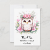 フクロウをテーマにしたピンク色のベビーガールシャワー サンキューカード (正面)