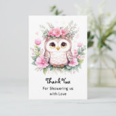 フクロウをテーマにしたピンク色のベビーガールシャワー サンキューカード (スタンド正面)