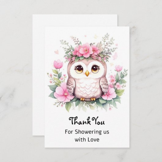 フクロウをテーマにしたピンク色のベビーガールシャワー サンキューカード (正面/裏面)