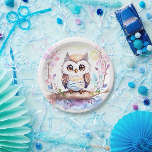 フクロウをテーマにしたピンク色のベビーガールシャワー ペーパープレート (パーティー)