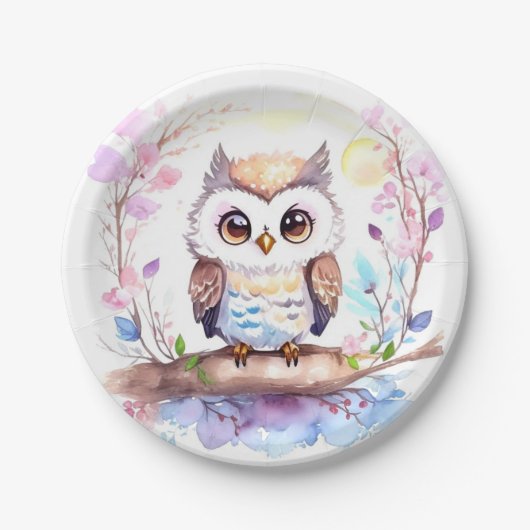 フクロウをテーマにしたピンク色のベビーガールシャワー ペーパープレート (正面)
