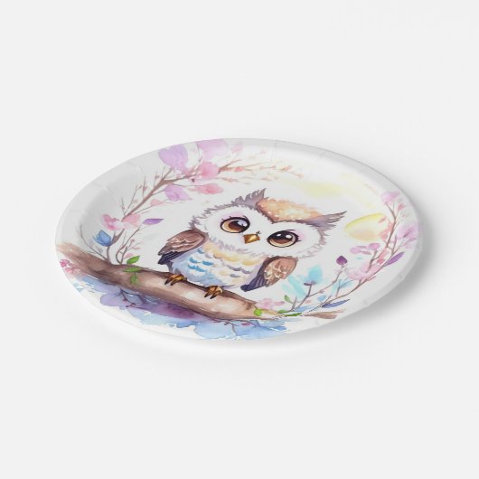 フクロウをテーマにしたピンク色のベビーガールシャワー ペーパープレート (アングル)