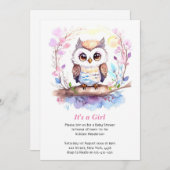 フクロウをテーマにしたピンク色のベビーガールシャワー 招待状 (正面/裏面)