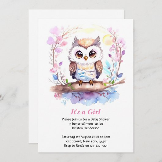 フクロウをテーマにしたピンク色のベビーガールシャワー 招待状 (正面/裏面)