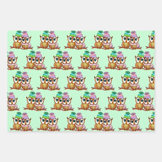 フクロウをテーマにした誕生日とクリスマス ラッピングペーパーシート (正面3)