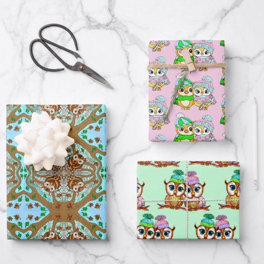 フクロウをテーマにした誕生日とクリスマス ラッピングペーパーシート (正面)